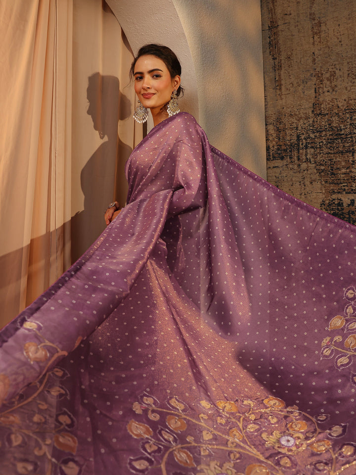 Purple Floral Embroidered Tissue Saree With Unstitched Blouse Piece