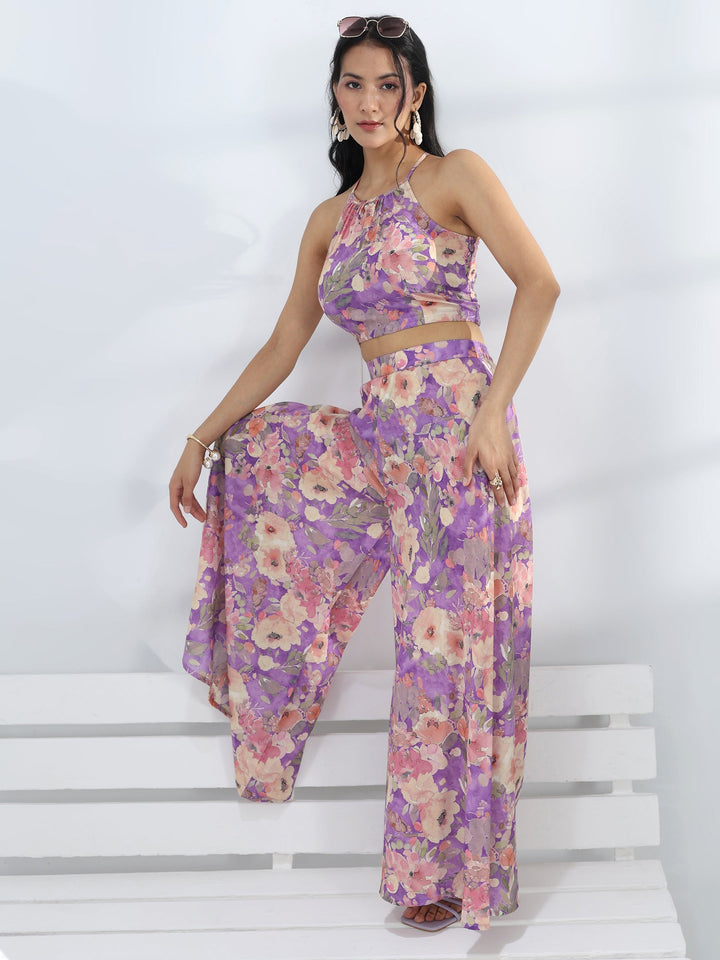 Purple Floral Printed Cotton Blend Co-Ord Set