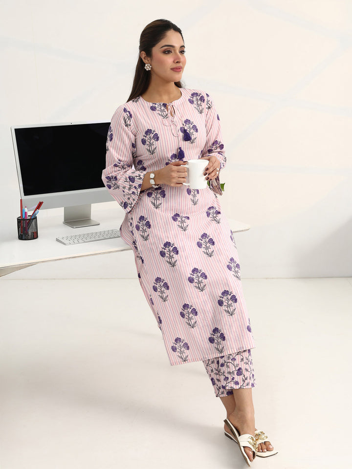 Purple Floral Printed Cotton Blend Straight Kurta Set