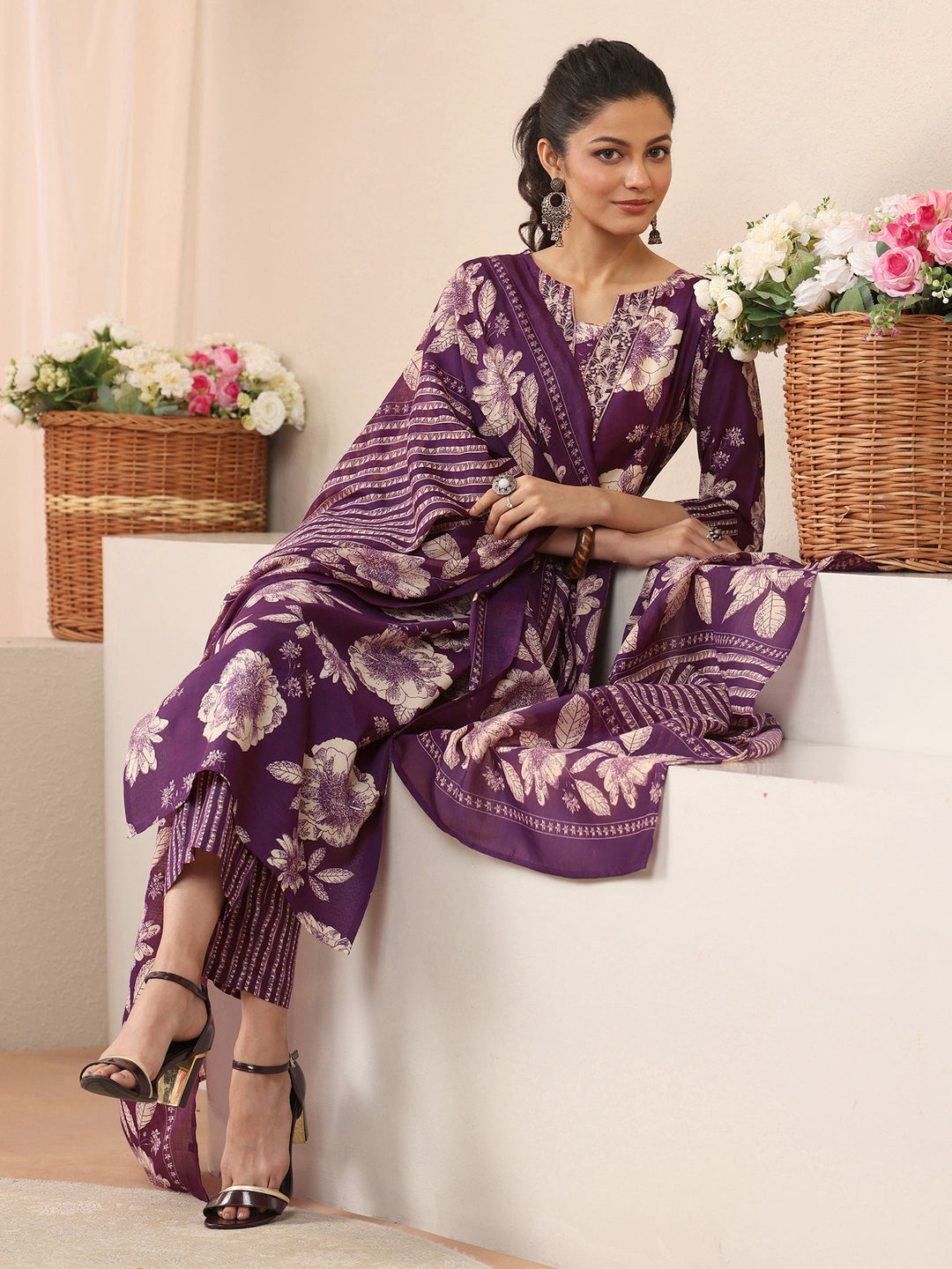 Purple Floral Printed Cotton Blend Straight Suit Set