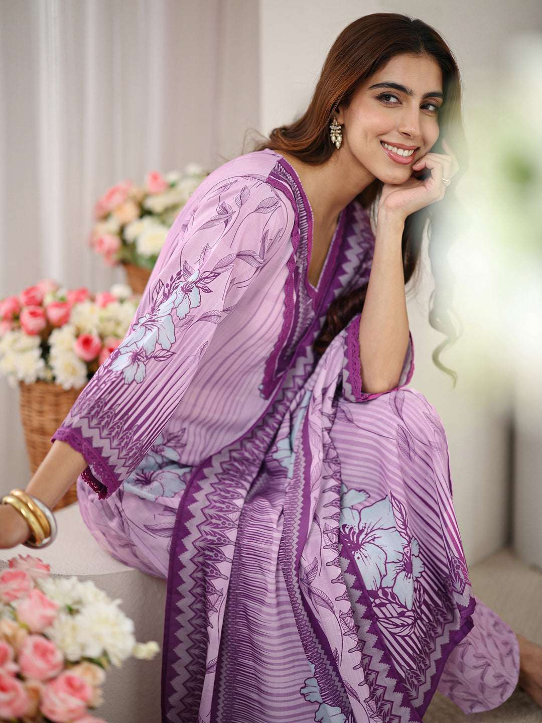 Purple Floral Printed Cotton Blend Straight Suit Set With Dupatta
