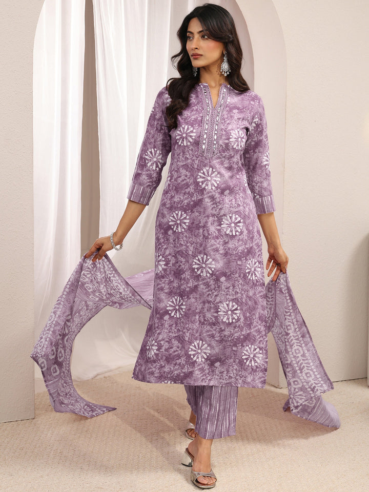 Purple Floral Printed Cotton Blend Straight Suit Set With Dupatta
