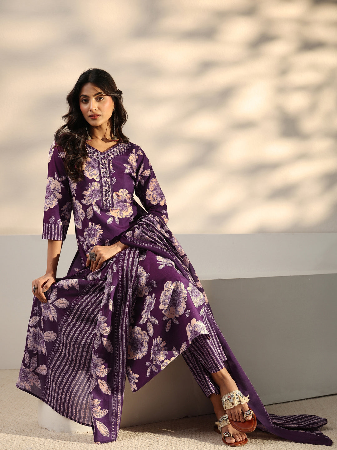 Purple Floral Printed Cotton Blend Straight Suit Set With Dupatta