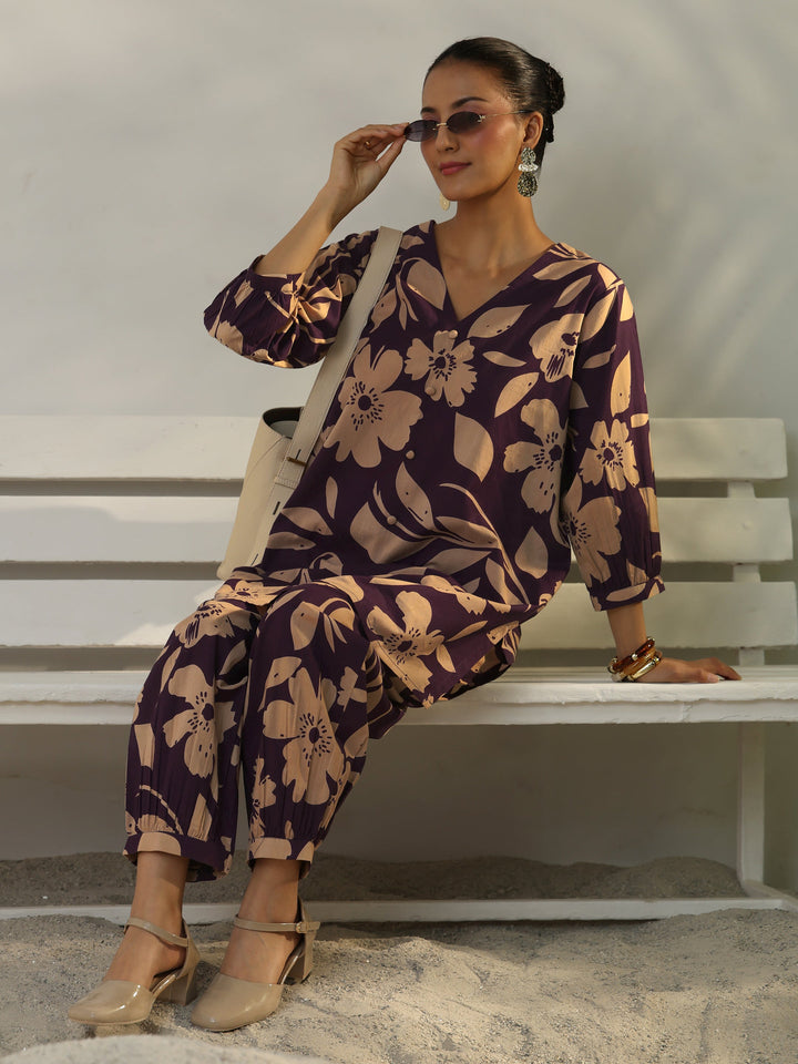Purple Floral Printed Cotton Co-Ord Set