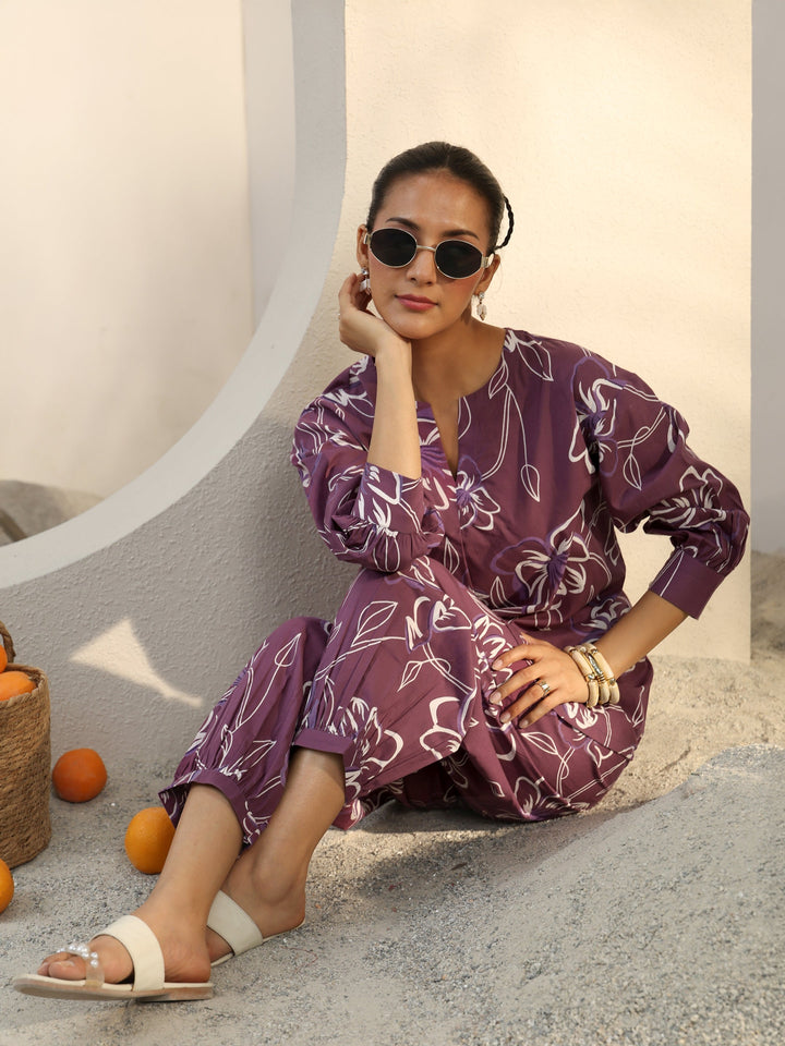 Purple Floral Printed Cotton Co-Ord Set