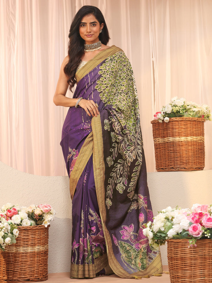 Purple Floral Printed Cotton Saree