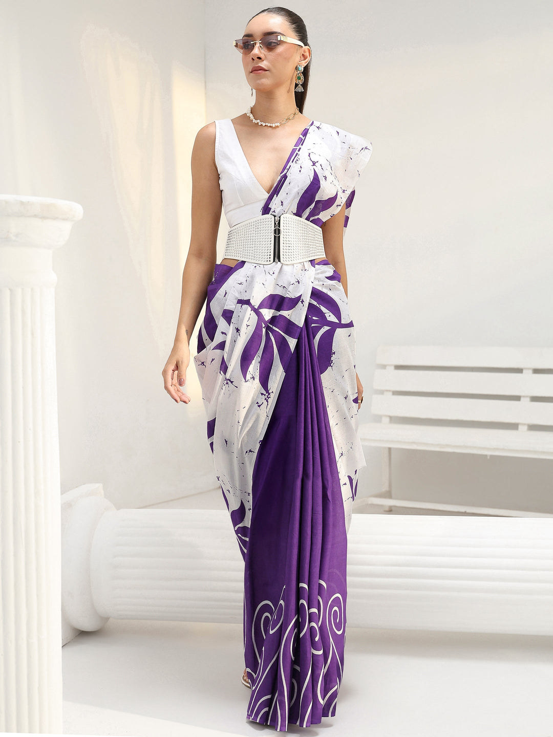 Purple Floral Printed Cotton Saree