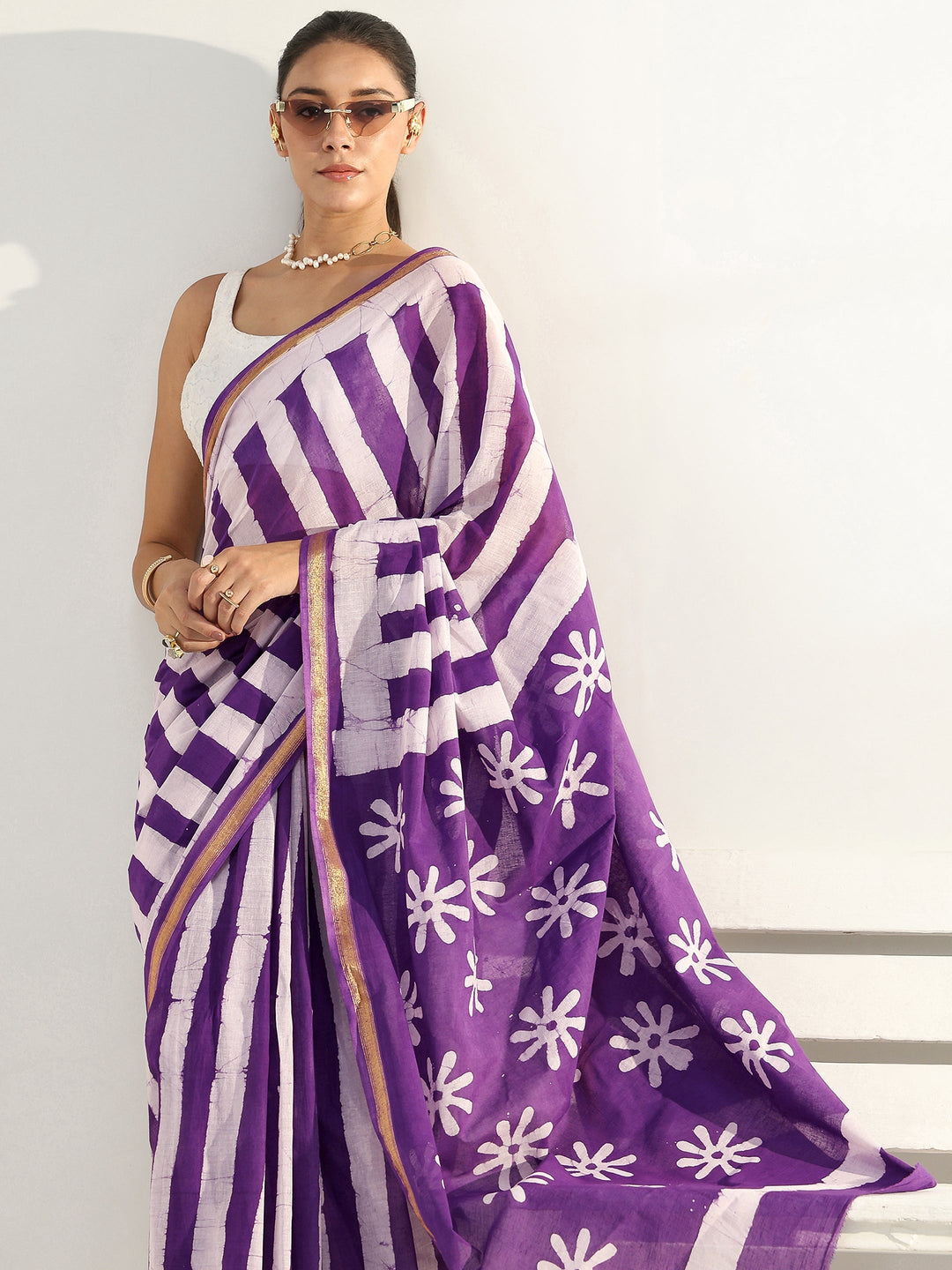 Purple Floral Printed Cotton Saree