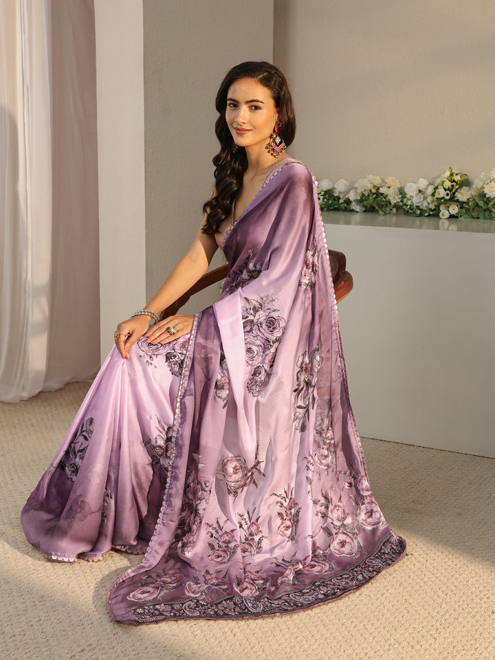 Purple Floral Printed Ombre Chiffon Saree With Unstitched Blouse Piece