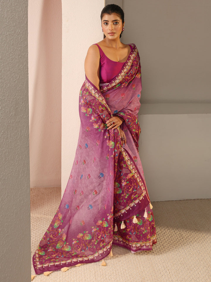 Purple Floral Printed Silk Blend Ombre Tassel Saree With Unstitched Blouse Piece