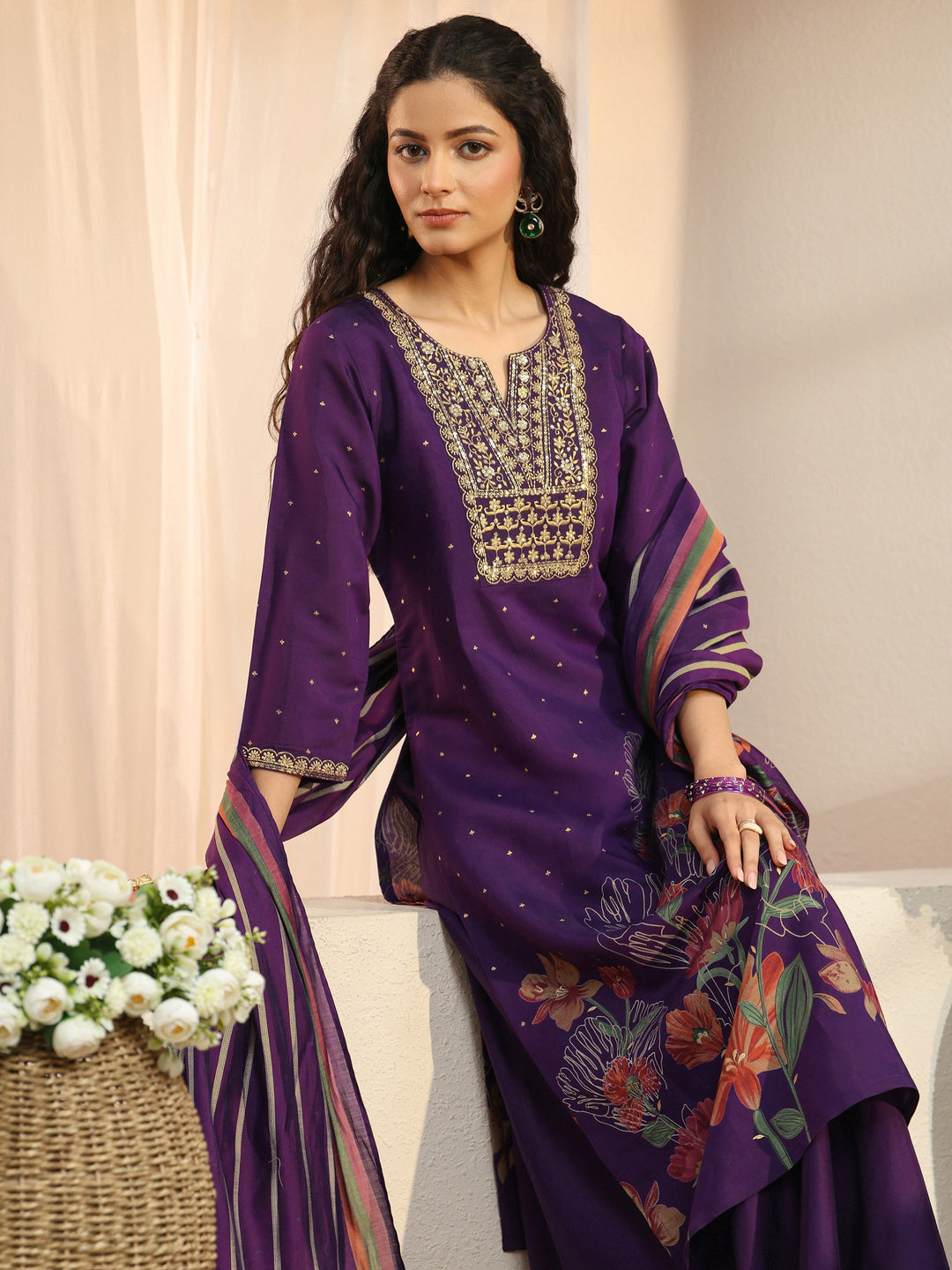 Purple Floral Printed Silk Blend Palazzo Suit Set