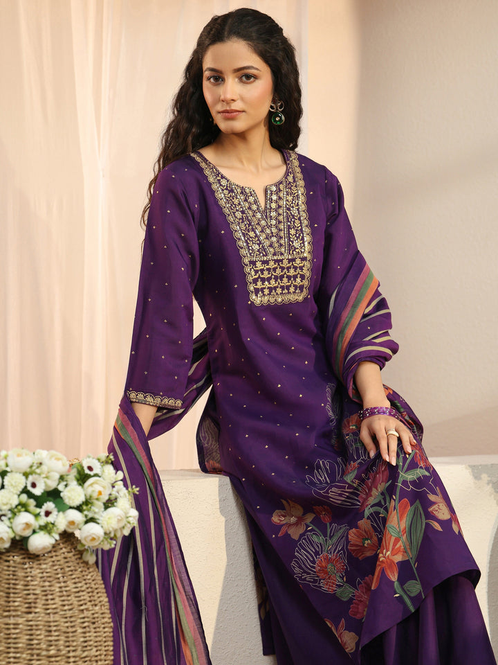Purple Floral Printed Silk Blend Palazzo Suit Set