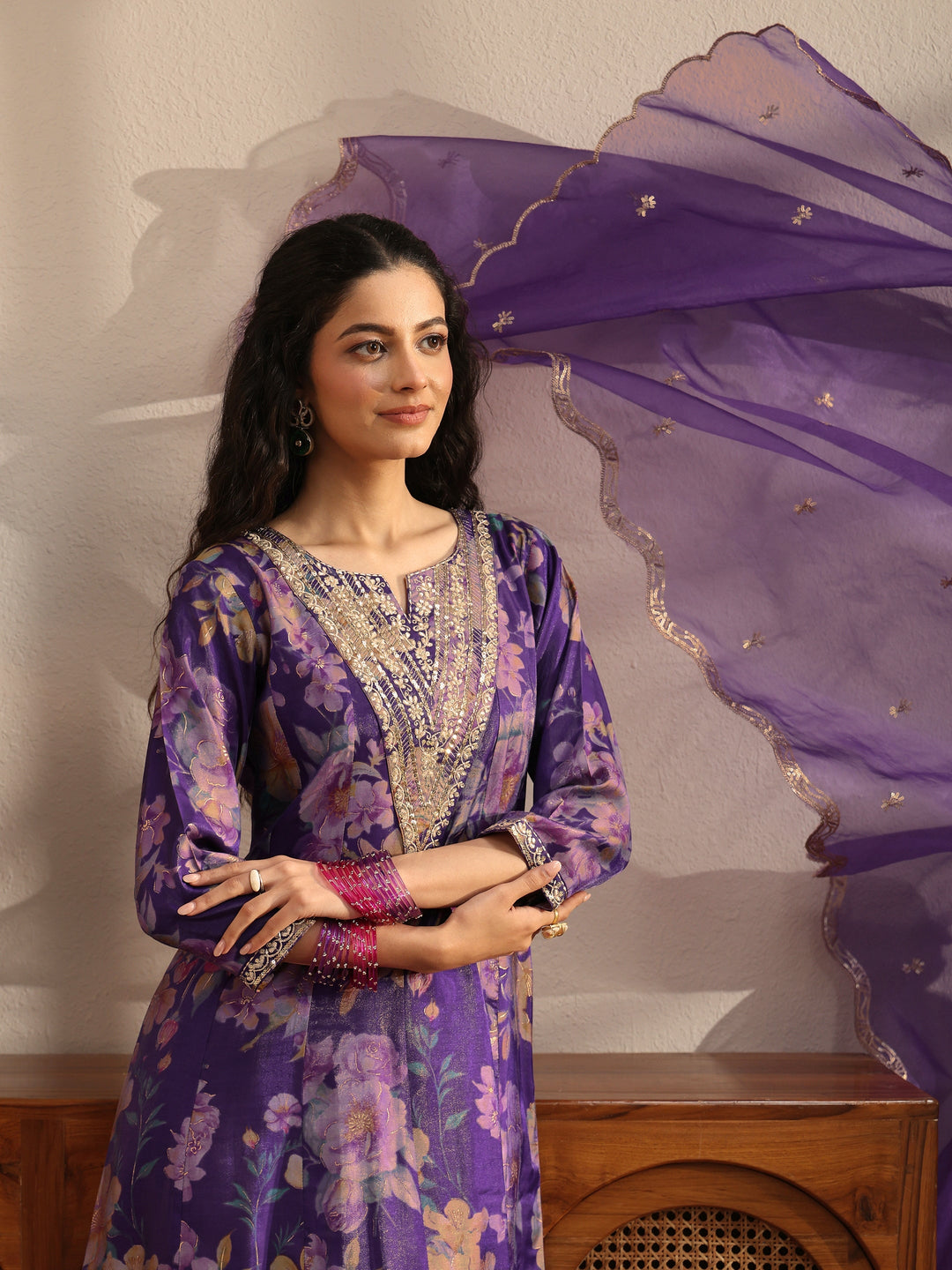 Purple Floral Printed Silk Blend Suit Set