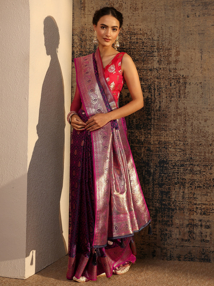 Purple Floral Woven Design Silk Blend Saree With Unstitched Blouse Piece