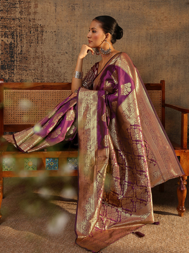 Purple Floral Woven Design Silk Blend Saree With Unstitched Blouse Piece