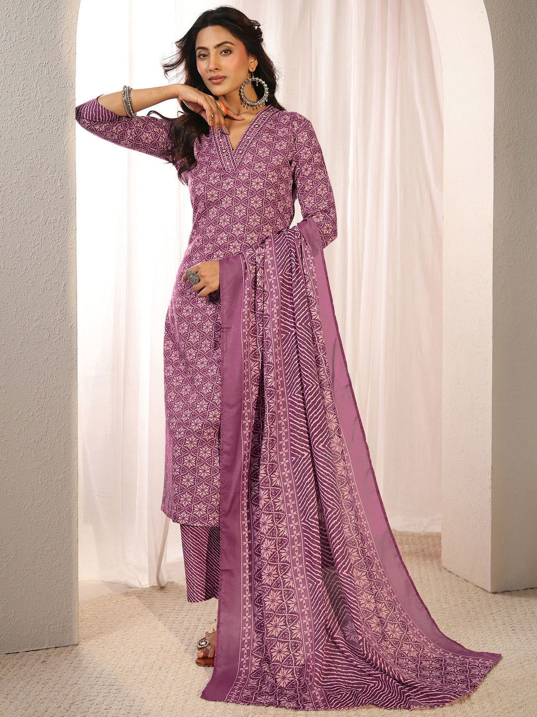Purple Geometric Printed Cotton Blend Straight Suit Set With Dupatta