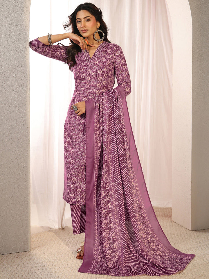Purple Geometric Printed Cotton Blend Straight Suit Set With Dupatta