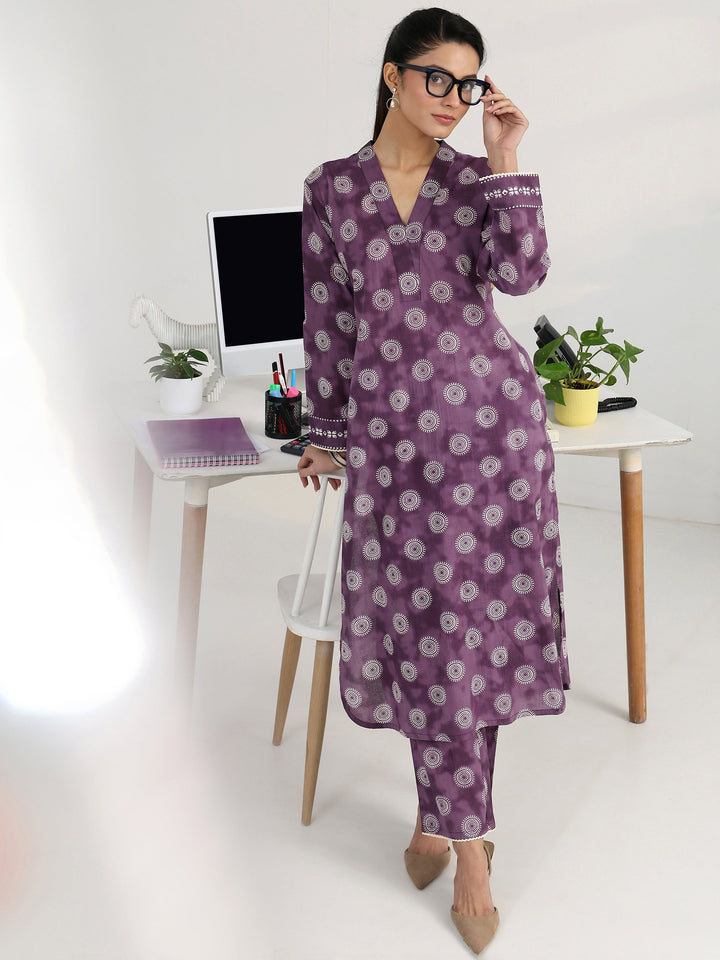 Purple Geometric Woven Design Cotton Blend Straight Kurta Set
