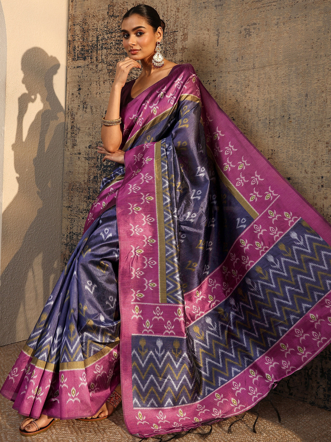 Purple Ikat Printed Silk Saree With Unstitched Blouse Piece
