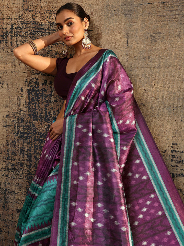 Purple Ikat Printed Silk Saree With Unstitched Blouse Piece