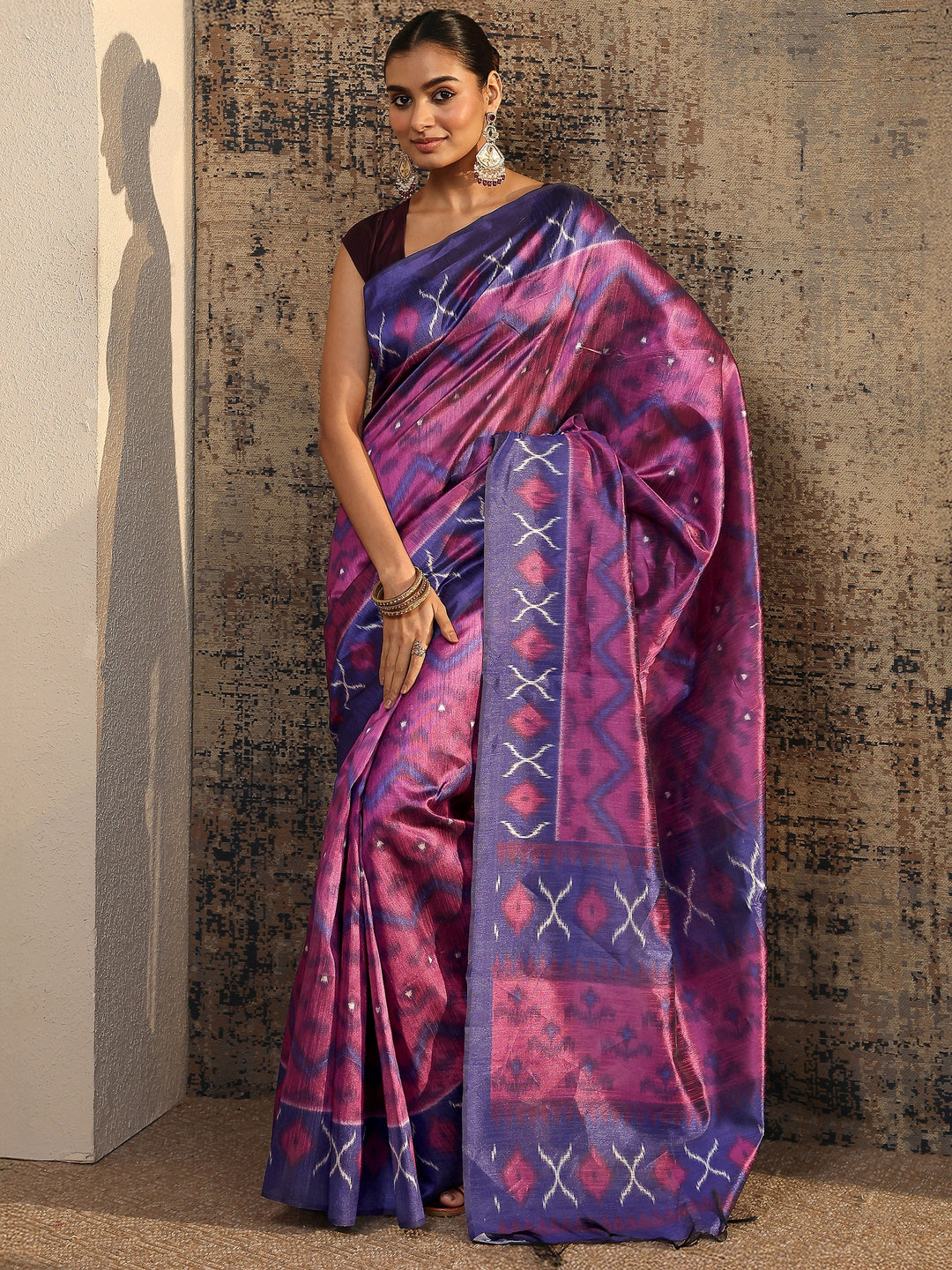 Purple Ikat Printed Silk Saree With Unstitched Blouse Piece