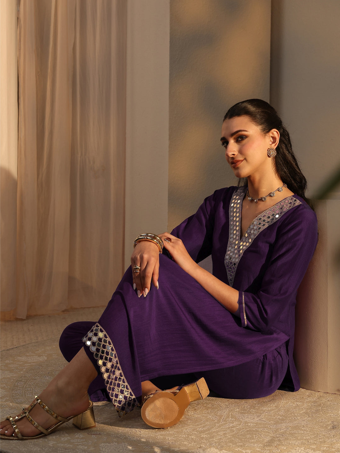Purple Mirror Work Yoke Design Silk Blend Straight Kurta Set