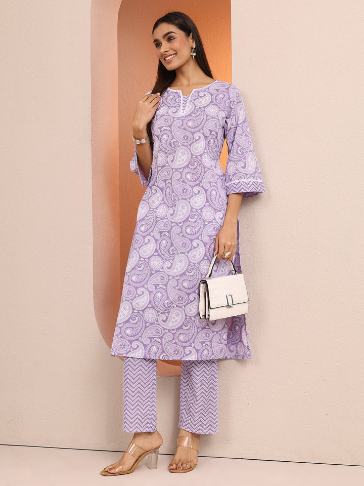 Purple Paisley Printed Cotton Straight Kurta Set