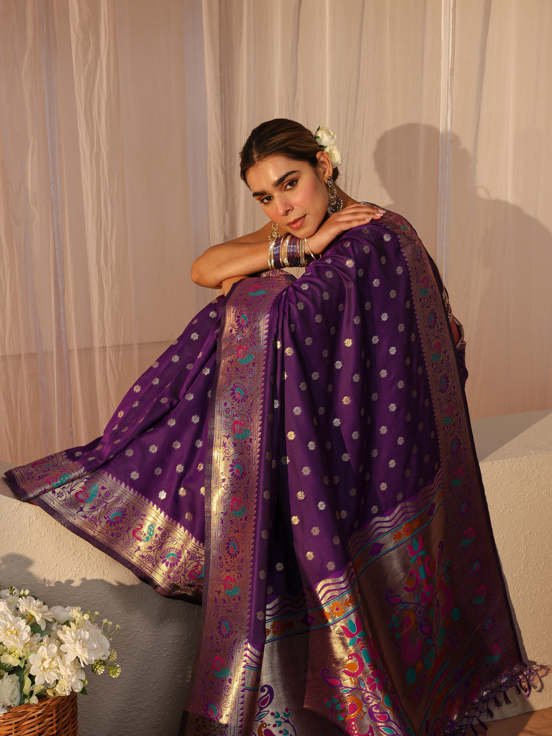 Purple Paithani Silk Blend Saree
