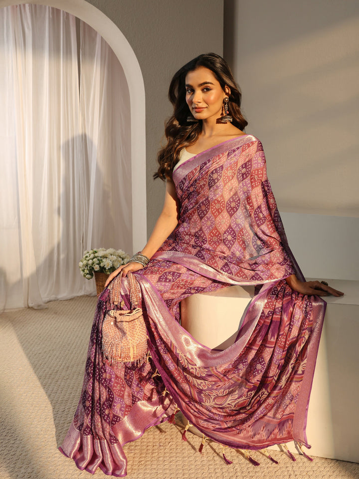 Purple Printed Chiffon Saree With Unstitched Blouse Piece