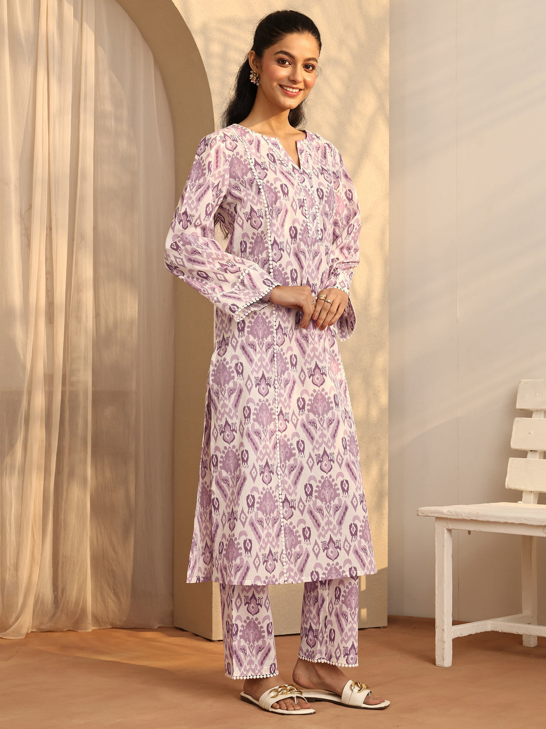Purple Printed Cotton A-Line Kurta Set