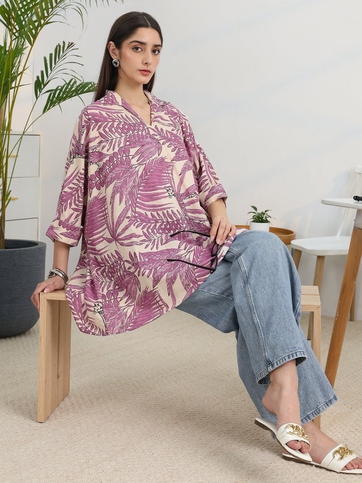 Purple Printed Cotton A-Line Short Kurti
