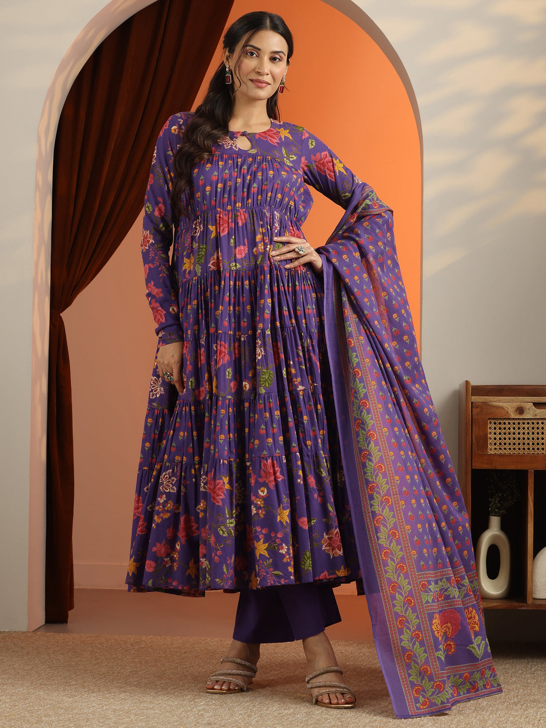 Purple Printed Cotton Anarkali Suit Set With Dupatta
