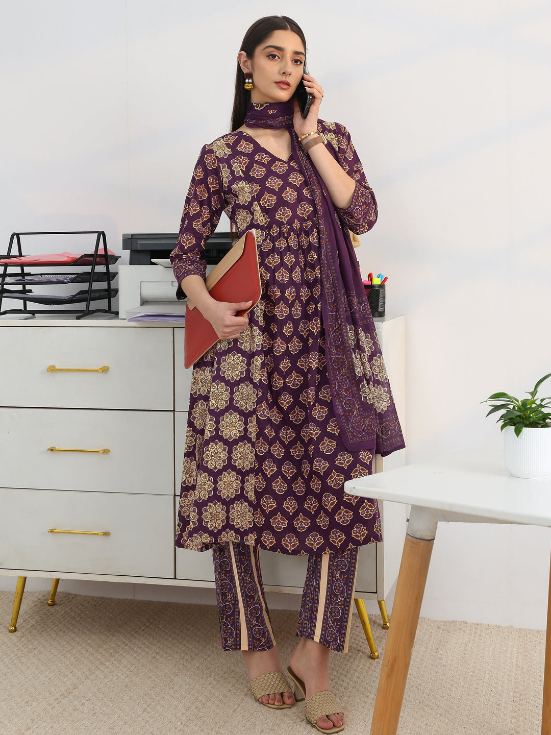 Purple Printed Cotton Blend A-Line Suit Set With Dupatta