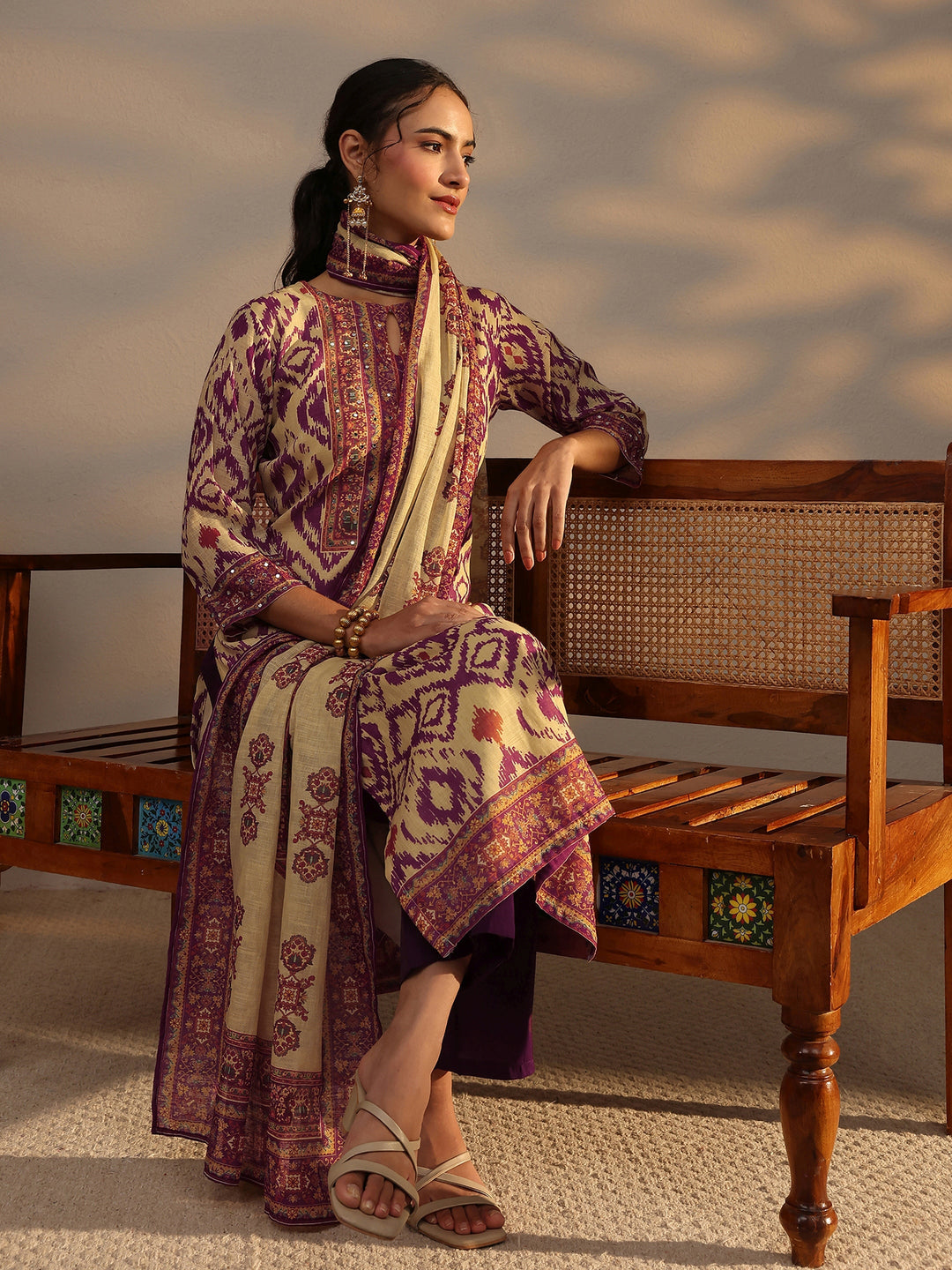 Purple Printed Cotton Blend Straight Suit Set With Dupatta