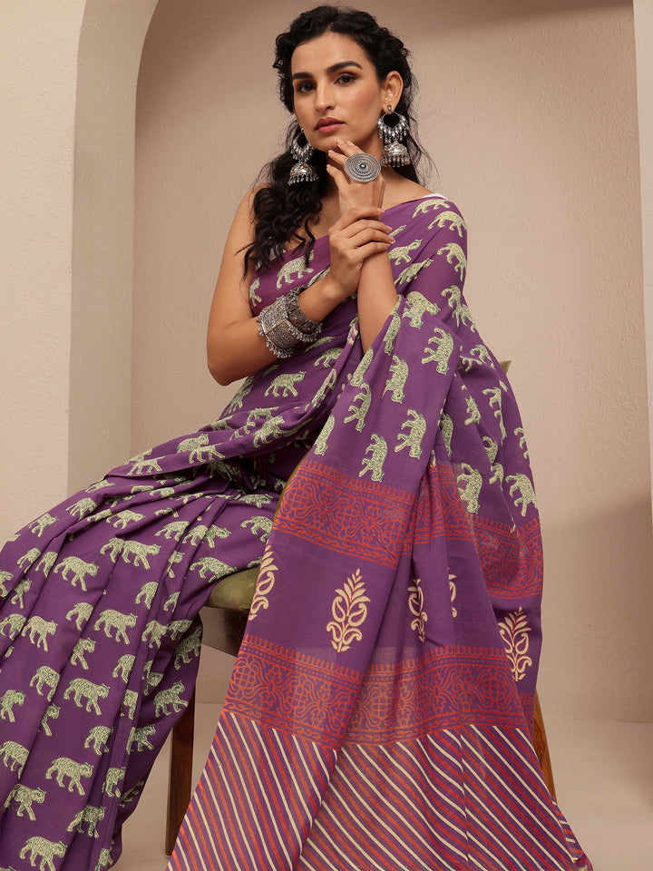 Purple Printed Cotton Saree With Unstitched Blouse Piece