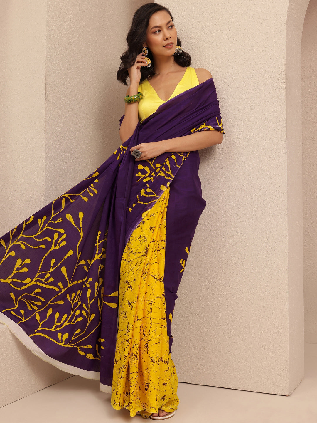 Purple Printed Cotton Saree With Unstitched Blouse Piece