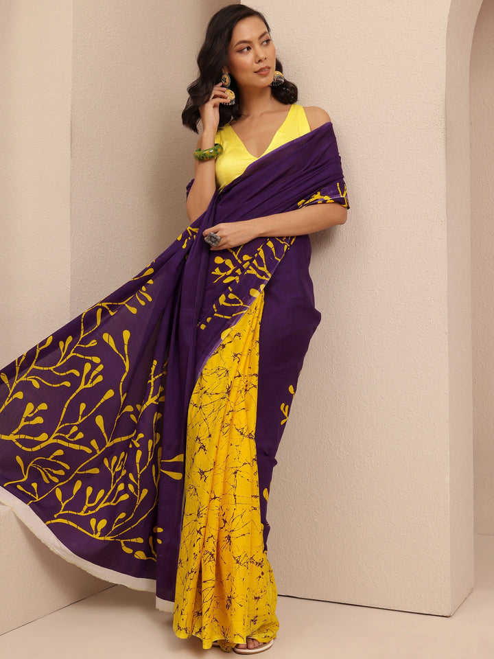 Purple Printed Cotton Saree With Unstitched Blouse Piece