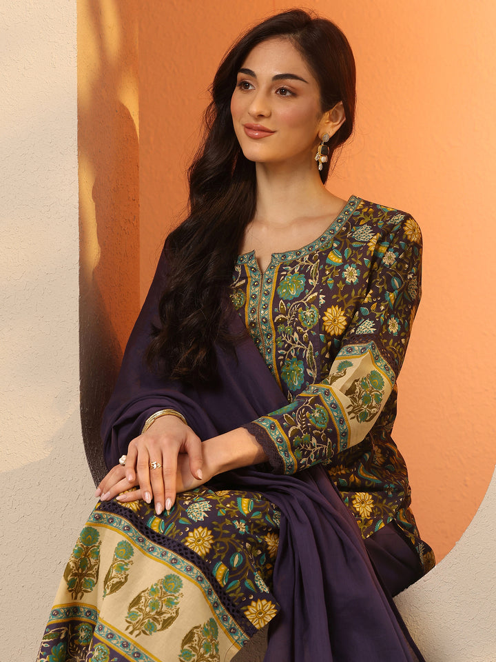 Purple Printed Cotton Straight Suit Set With Dupatta