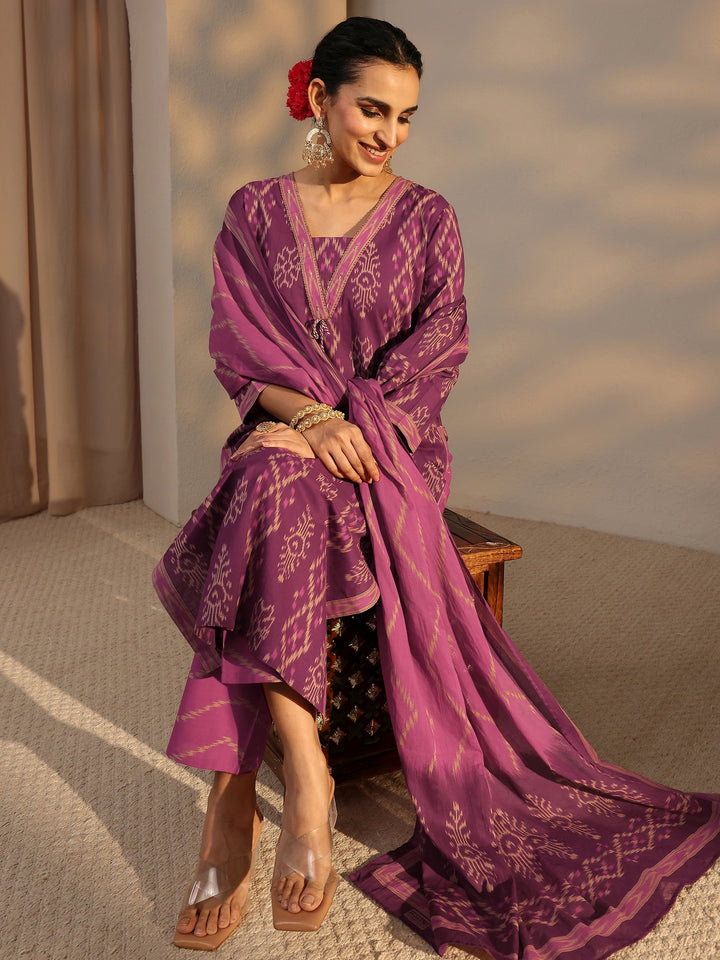 Purple Printed Cotton Straight Suit Set With Dupatta
