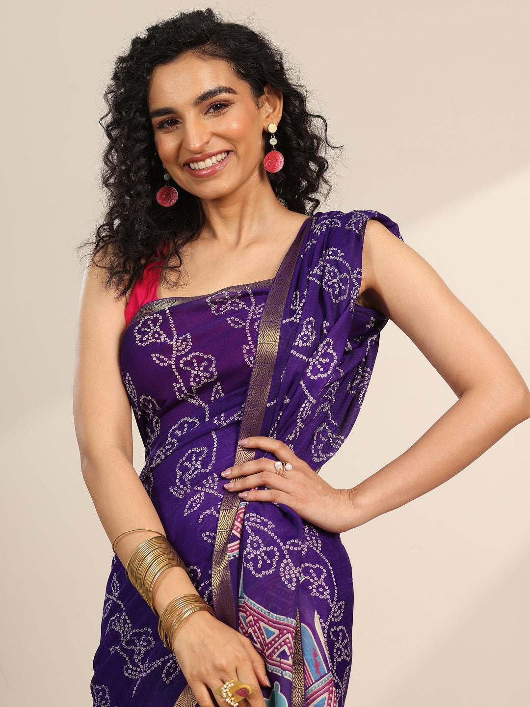 Purple Printed Georgette Saree With Unstitched Blouse Piece