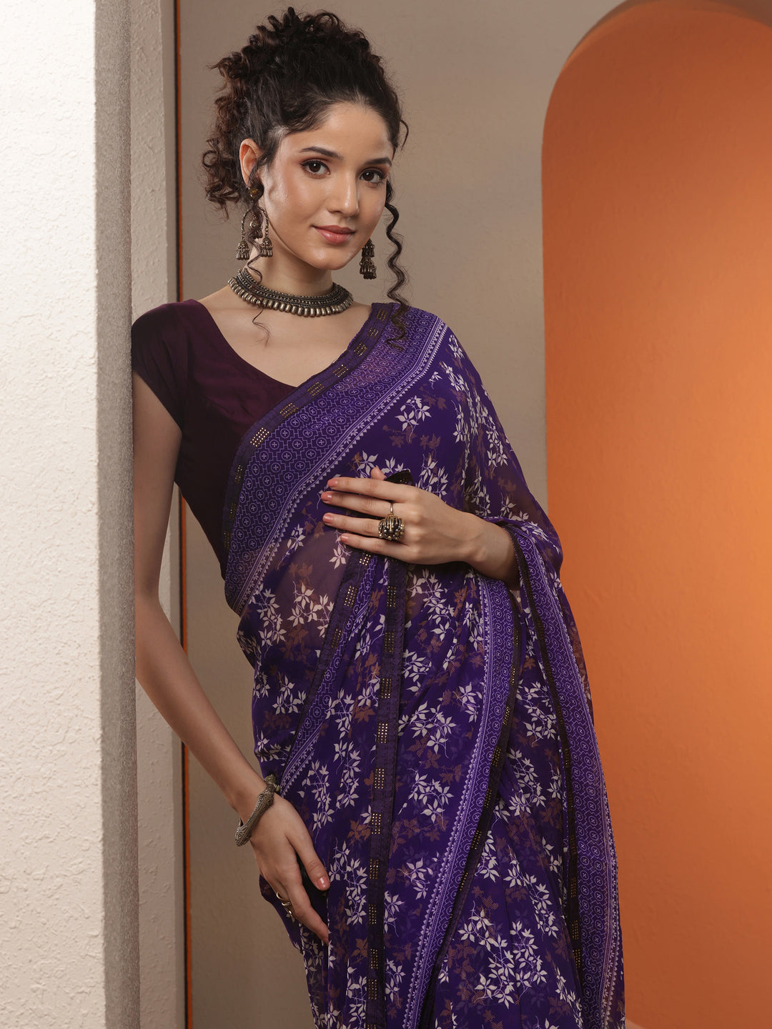 Purple Printed Georgette Saree With Unstitched Blouse Piece