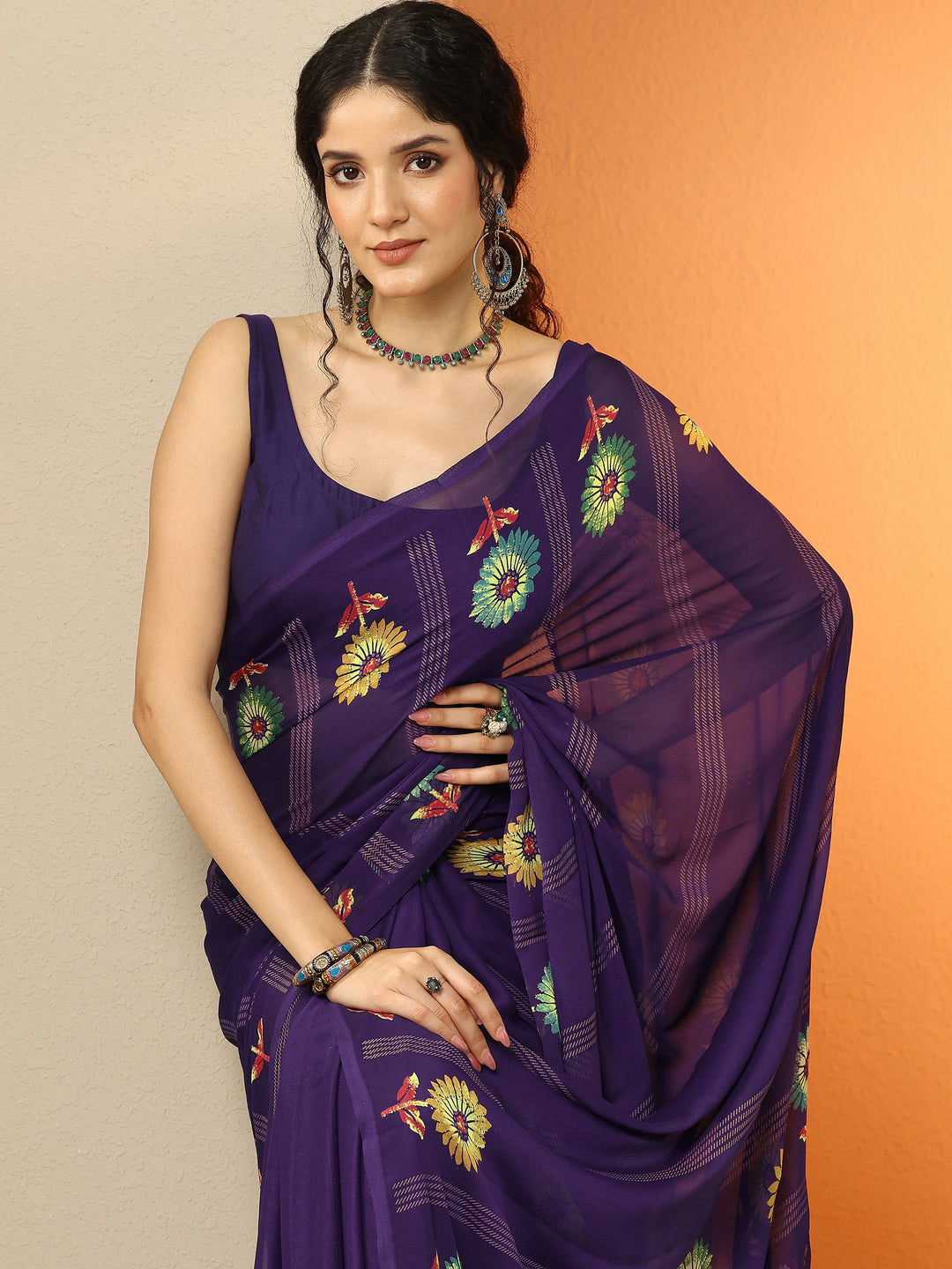 Purple Printed Georgette Saree With Unstitched Blouse Piece