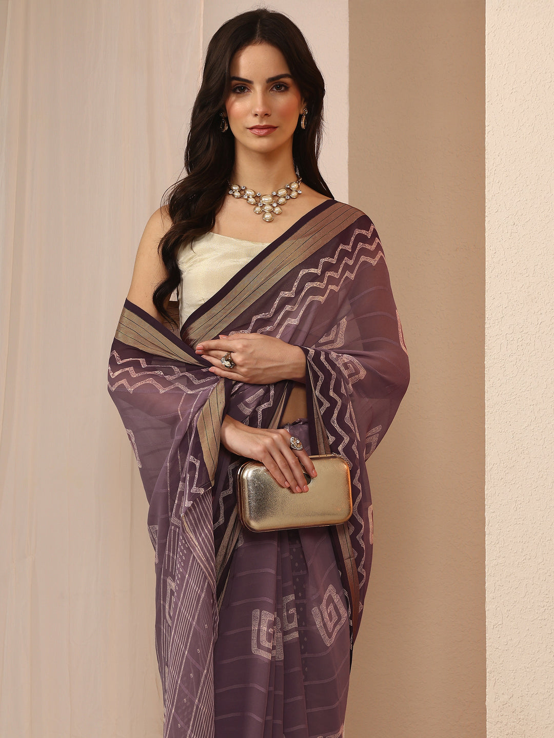 Purple Printed Georgette Saree With Unstitched Blouse Piece