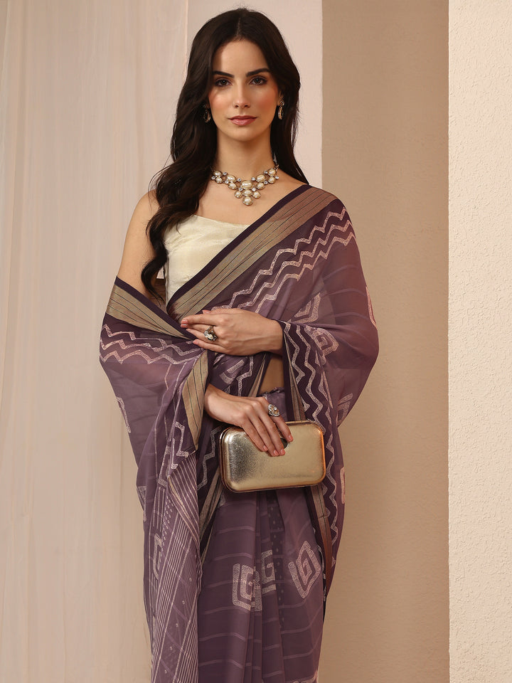 Purple Printed Georgette Saree With Unstitched Blouse Piece