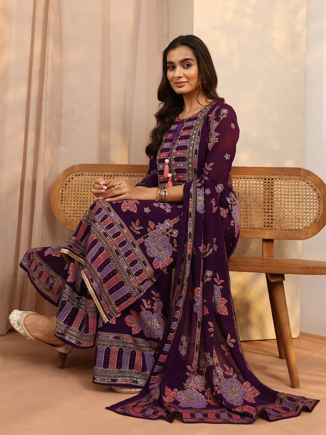 Purple Printed Georgette Straight Suit Set With Dupatta