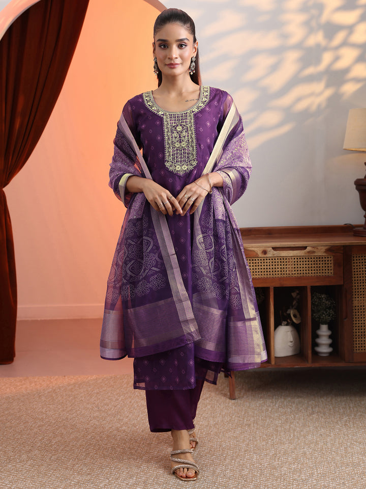 Purple Printed Organza Straight Suit Set With Dupatta