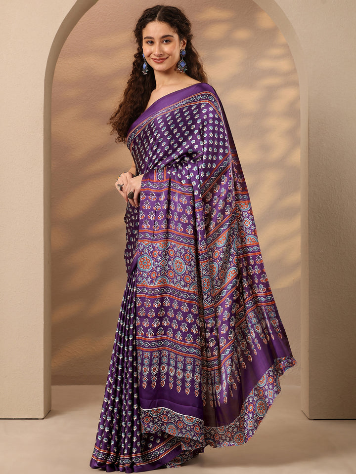 Purple Printed Satin Saree With Unstitched Blouse Piece