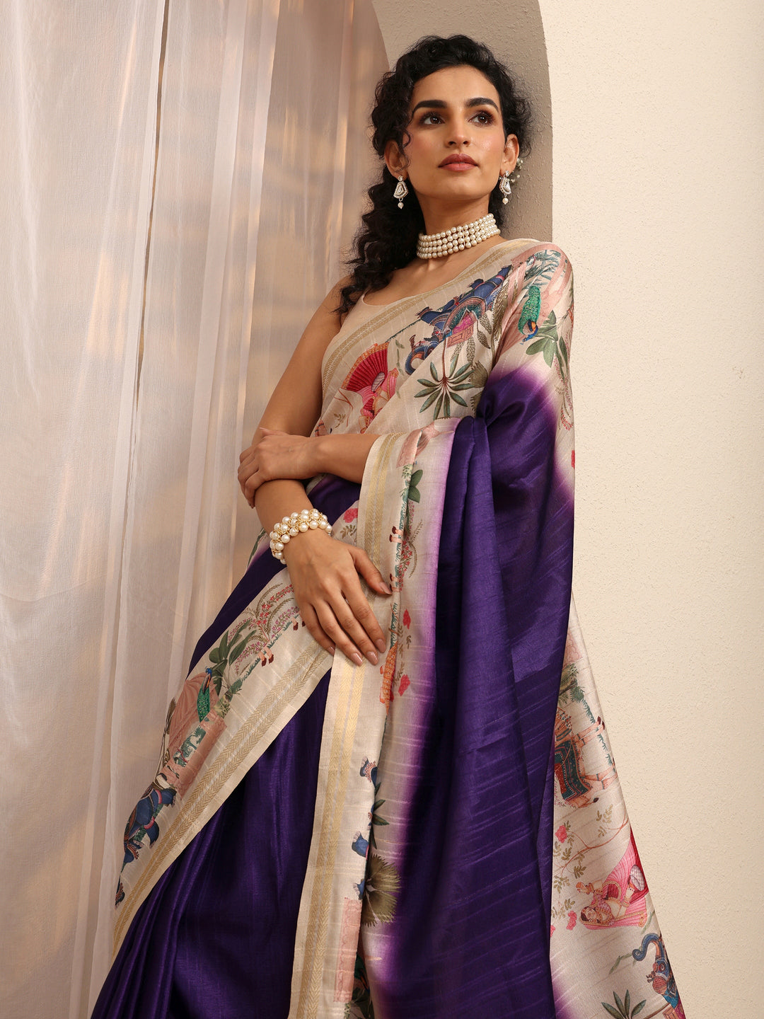 Purple Printed Silk Blend Saree With Unstitched Blouse Piece