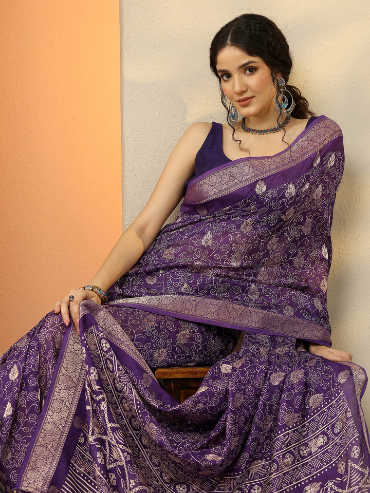 Purple Printed Silk Blend Saree With Unstitched Blouse Piece