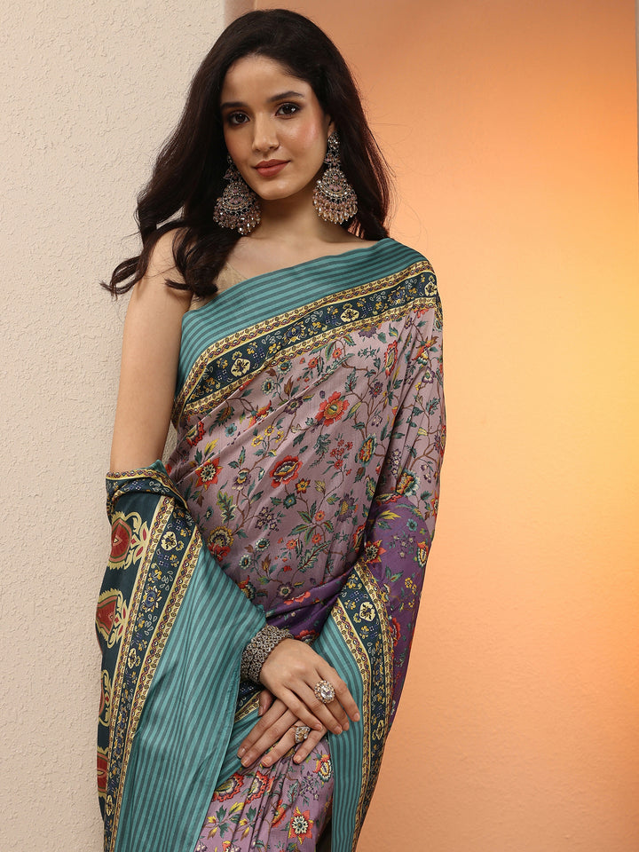 Purple Printed Silk Blend Saree With Unstitched Blouse Piece